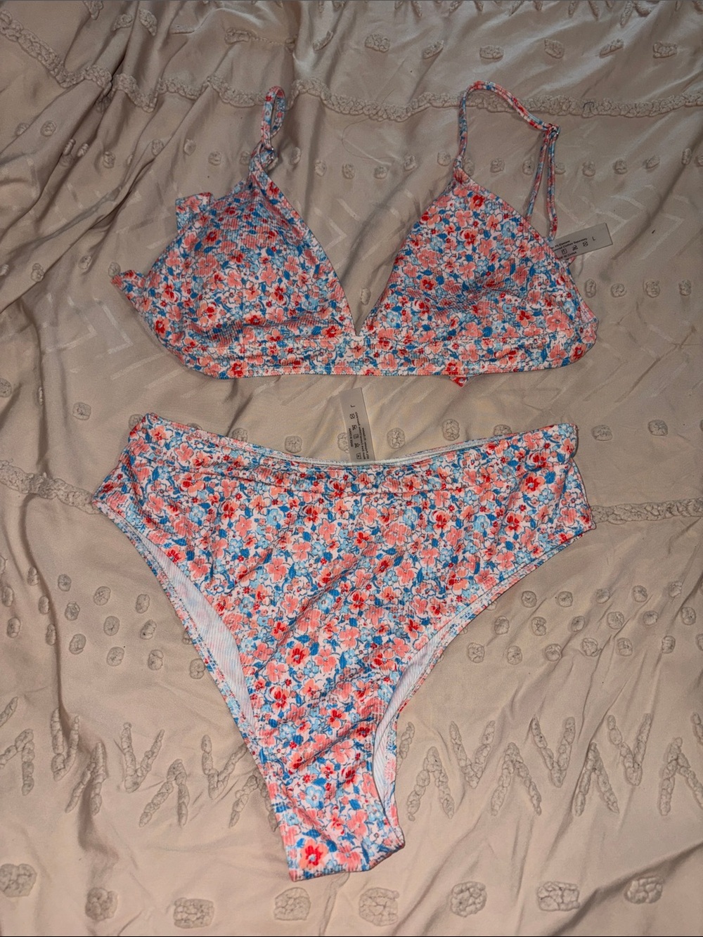 SHEIN Floral Triangle Bikini Set - Coral & Blue